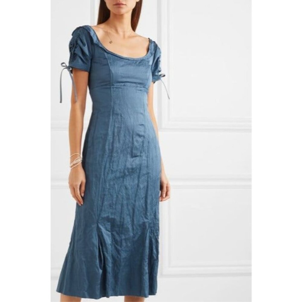 NWT $1670 Brock Collection Short Sleeve Satin Laces Wide Neck Dress Blue Size 6